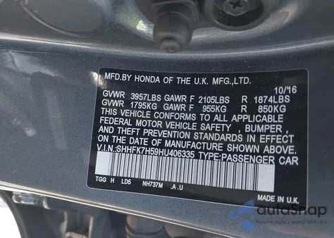 2017 Honda Civic Ex from USA, damaged, VIN SHHFK7H59HU406335